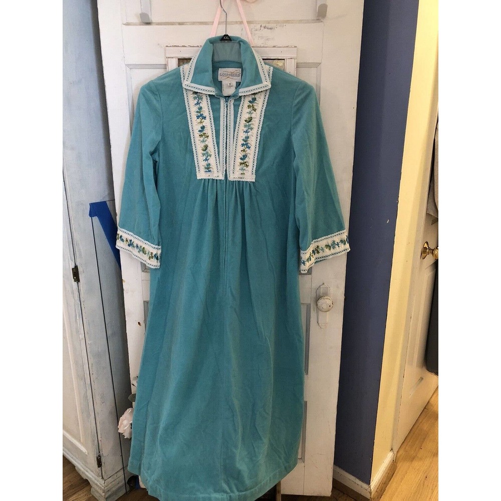Vintage 70s LOUNGEES Nylon 3/4 Sleeve Half-Zip Full-Length Robe Turquoise Small